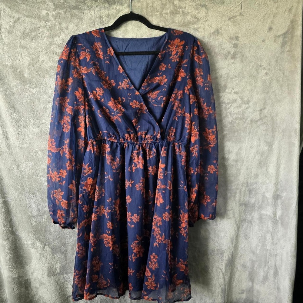 Cupshe "Javiera" Navy & Orange Floral Chiffon Peasant Sleeve Mini Dress (Size L